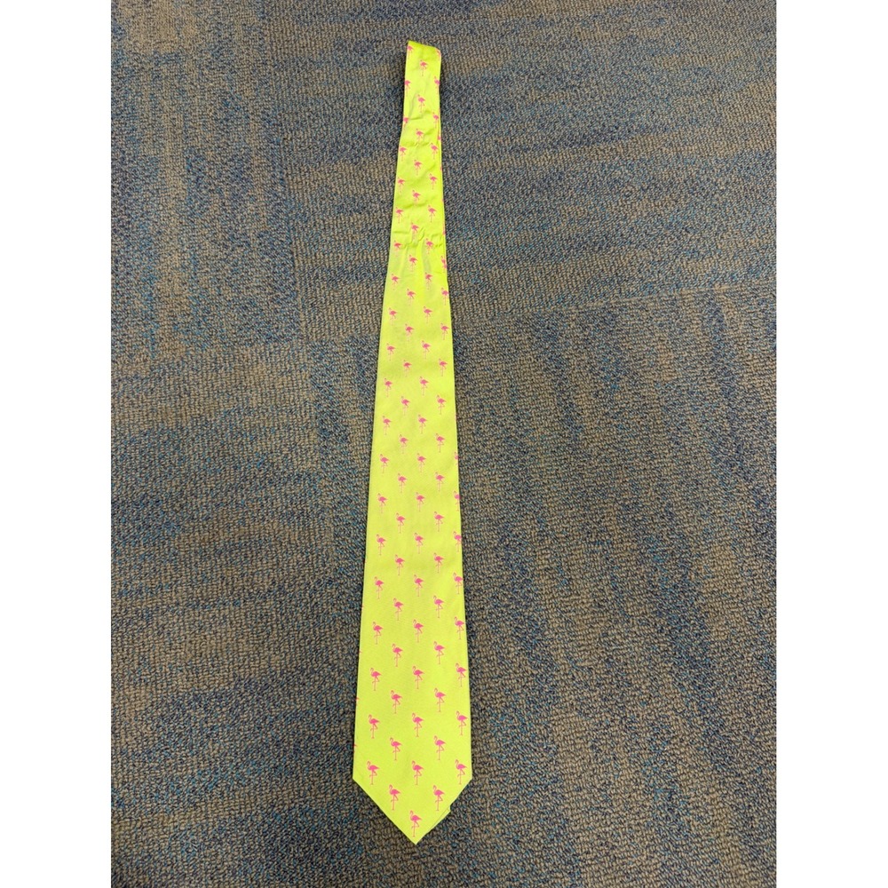 Hanauer All Silk Neck Tie Lime Green Pink Flamingo Novelty Made in USA Men's